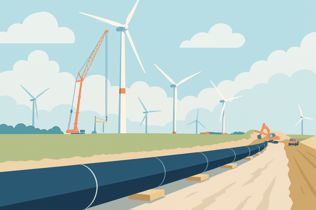 Windkraftanlagen werden auf einem Feld installiert, während eine Pipeline im Vordergrund verläuft.