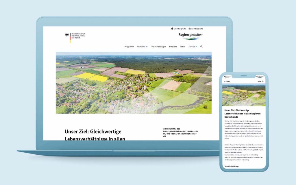 Desktop- und Mobilansicht der Website für Bundesprogramm Region Gestalten