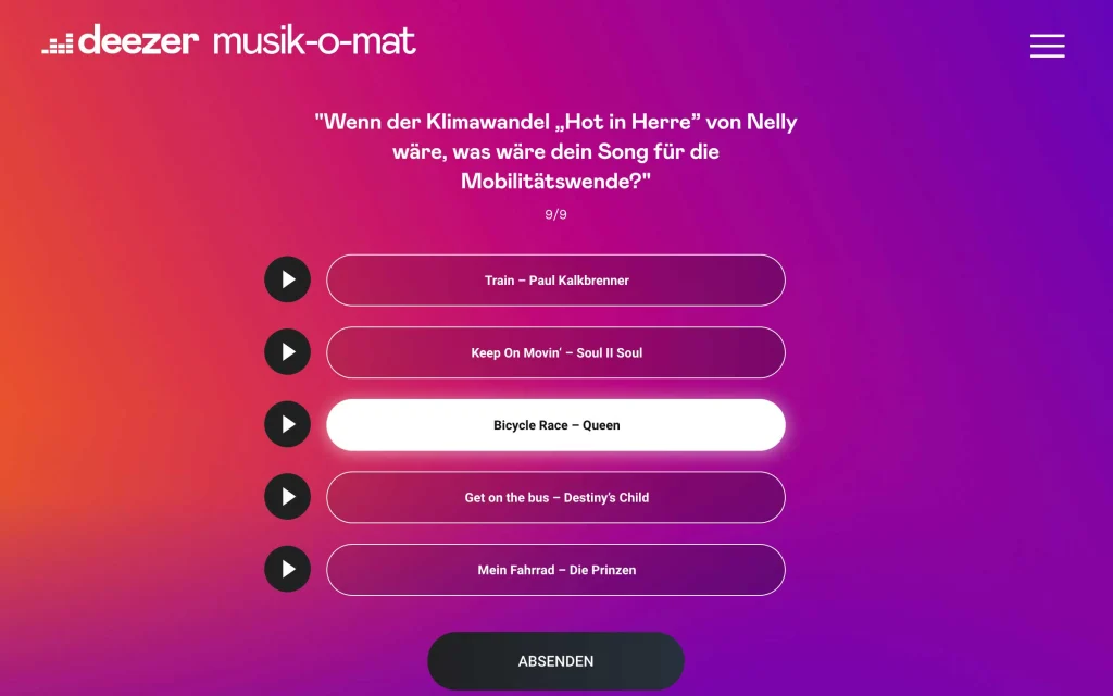 Musik-O-Mat Aktions Landingpage für Deezer – Absenden