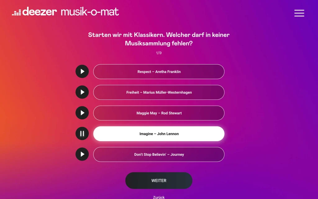 Musik-O-Mat Aktions Landingpage für Deezer – Umfrage
