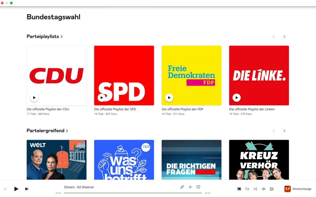 Musik-O-Mat Aktions-Landingpage – Playlist der Parteien