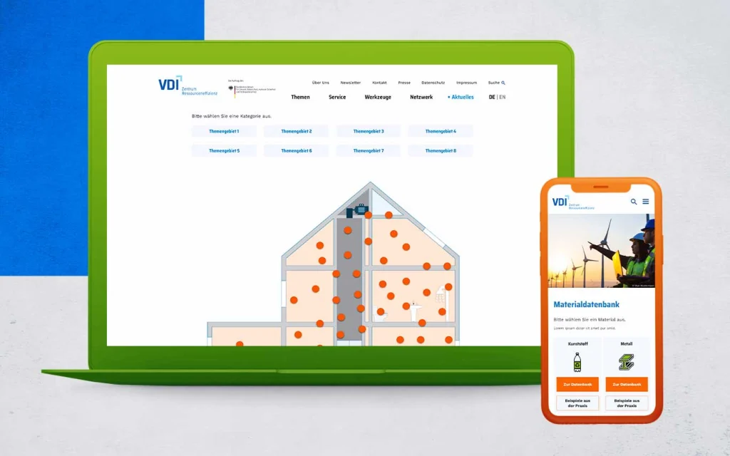 Desktop-und Mobilansicht der neuentwickelten Website des Kunden VDI ZRE