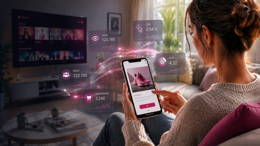 Frau betrachtet Smartphone mit Produktabbildung und Marketing-Daten vor einem Fernseher im Wohnzimmer.