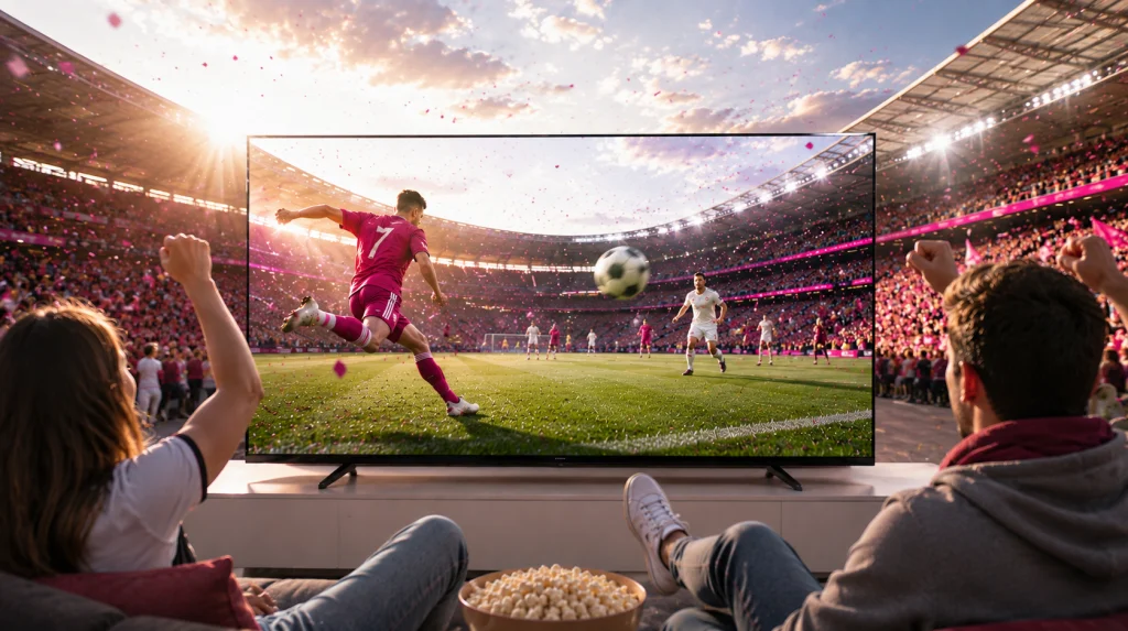 Zuschauer verfolgen ein Fußballspiel auf einem großen Fernseher, während sie Popcorn essen.