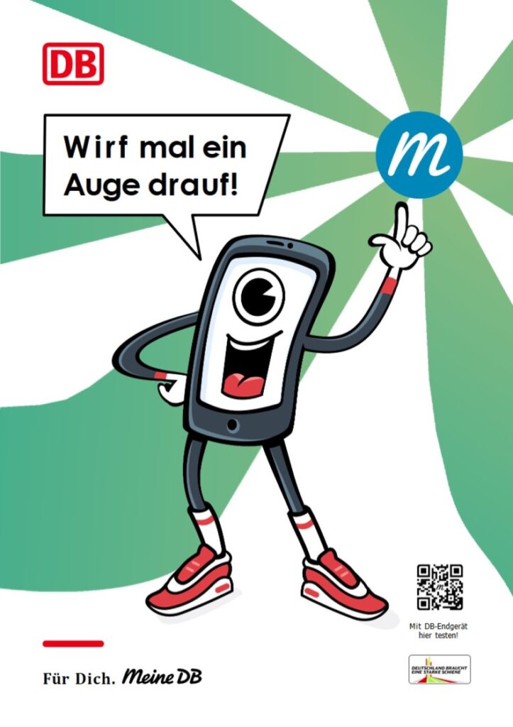 Ein Smartphone-Maskottchen mit DB-Logo weist auf die Meine DB App und ein Testangebot hin.
