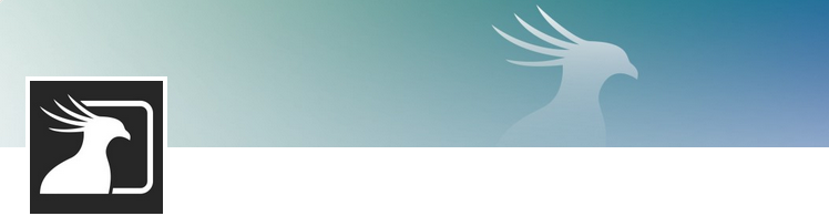 Logo mit stilisiertem Vogelkopf vor blau-weißem Farbverlauf.