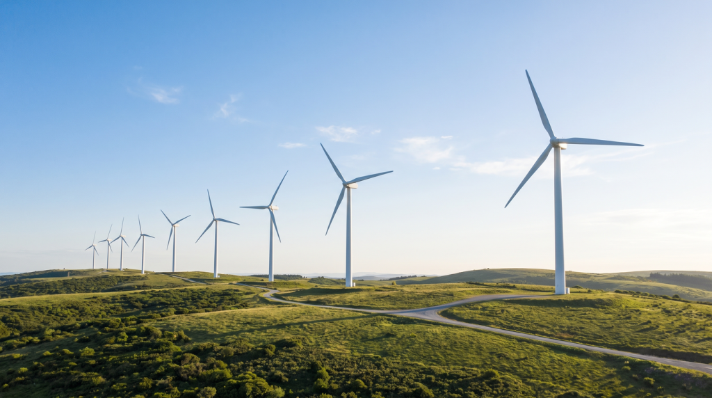 Windkraftanlagen stehen auf einer grünen Hügellandschaft unter blauem Himmel.