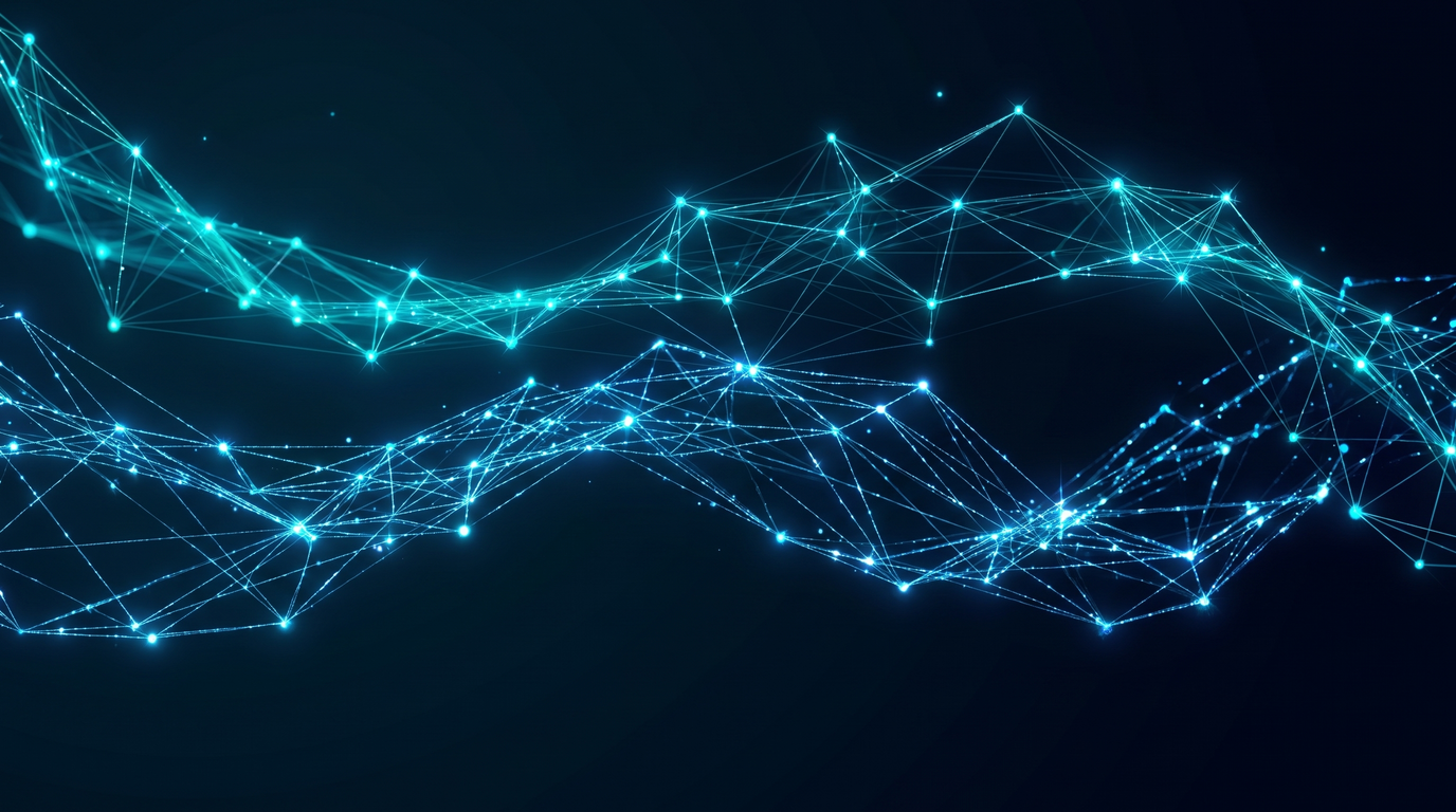 Leuchtende blaue Linien und Punkte verbinden sich zu einem abstrakten Netzwerk vor dunklem Hintergrund.