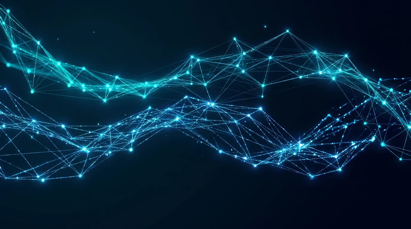 Leuchtende blaue Linien und Punkte verbinden sich zu einem abstrakten Netzwerk vor dunklem Hintergrund.