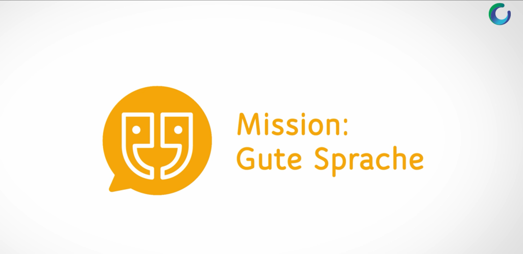 Gelbes Sprechblasen-Logo mit der Aufschrift „Mission: Gute Sprache“.