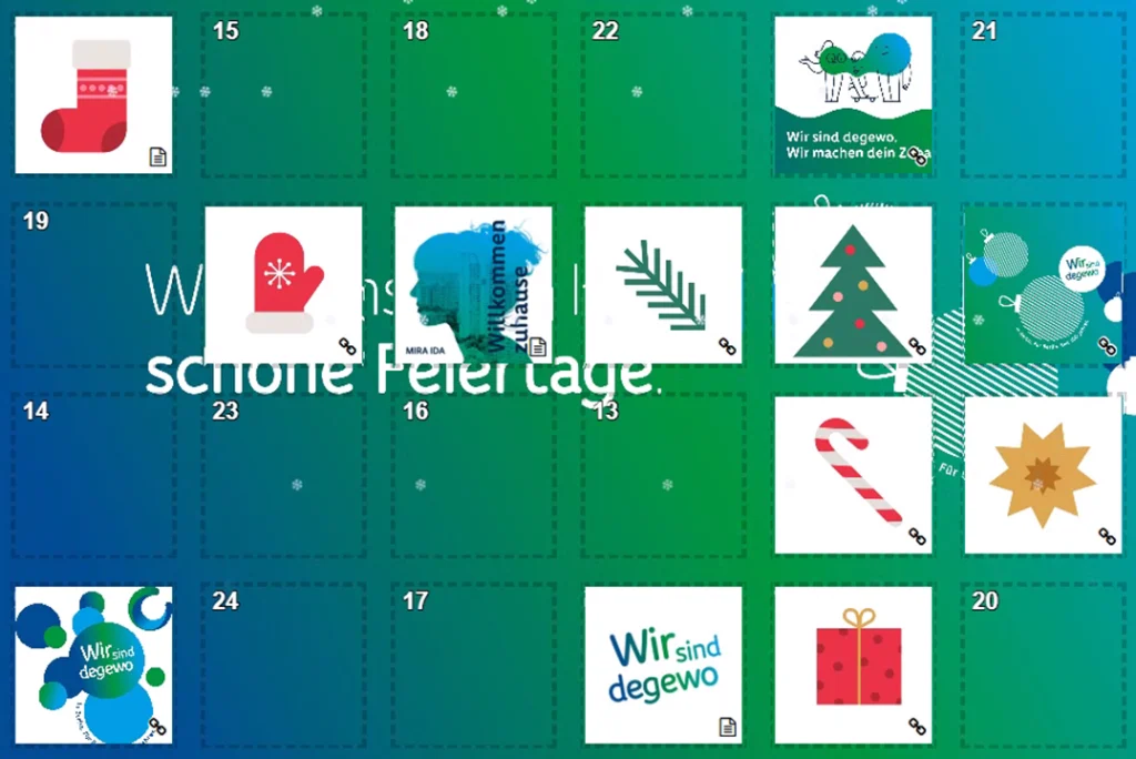 Adventskalender mit 24 Türchen in verschiedenen Farben und weihnachtlichen Motiven, darunter Tannengrün und Schneeflocken.