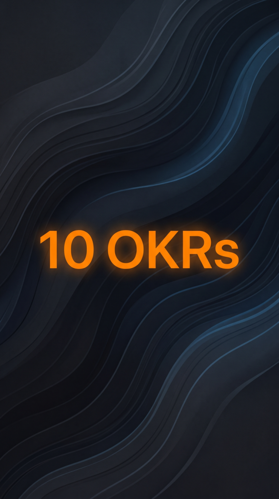 Der Text „10 OKRs“ steht vor einem Hintergrund mit geschwungenen, dunklen Linien.