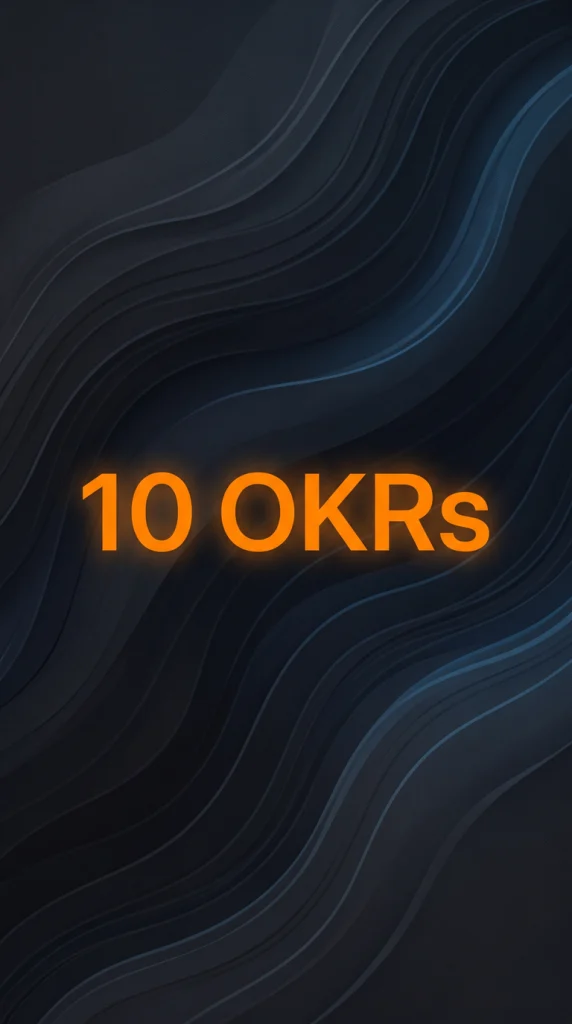 Der Text „10 OKRs“ steht vor einem Hintergrund mit geschwungenen, dunklen Linien.