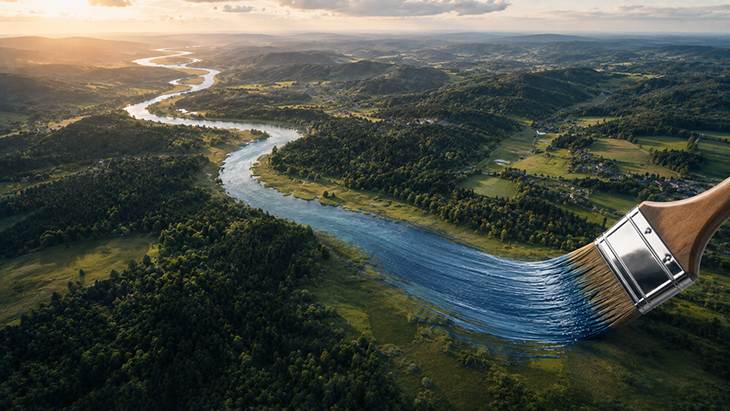 Ein Pinsel malt einen Fluss in eine grüne Hügellandschaft bei Sonnenuntergang.